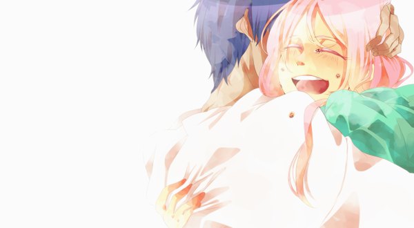 Anime picture 2854x1570 with kuroko no basket production i.g aomine daiki momoi satsuki long hair highres short hair open mouth wide image white background blue hair pink hair eyes closed couple hug tears back girl boy