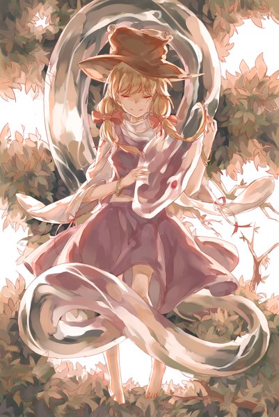 Anime picture 2480x3707 with touhou moriya suwako mishaguji zicai tang single long hair tall image fringe highres blonde hair standing twintails holding eyes closed traditional clothes barefoot bare legs low twintails hollow girl
