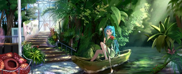 Anime picture 2000x815 with vocaloid hatsune miku siji (szh5522) single long hair highres blue eyes wide image twintails blue hair girl dress flower (flowers) plant (plants) animal tree (trees) bird (birds) watercraft boat parrot