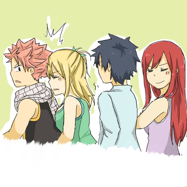 Anime picture 2133x2133 with fairy tail lucy heartfilia erza scarlet natsu dragneel gray fullbuster tagme (artist) long hair fringe highres short hair open mouth blonde hair smile bare shoulders multiple girls blue hair pink hair red hair eyes closed multiple boys