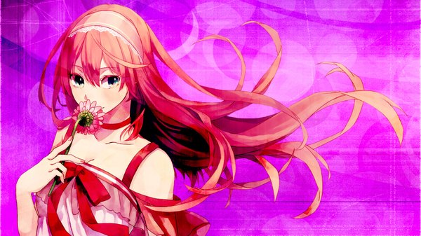Anime picture 1920x1080 with vocaloid megurine luka single long hair highres blue eyes wide image bare shoulders pink hair light smile pink background girl flower (flowers) bow hairband sundress