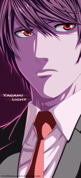 Anime picture 466x1024 with death note madhouse yagami light akira-12 single tall image short hair simple background red eyes brown hair inscription coloring close-up pink background boy necktie suit