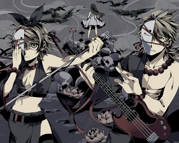 Anime picture 1170x937 with vocaloid kagamine rin kagamine len keruberosu-a short hair nail polish from behind grey background couple back gothic girl boy bow hair bow animal bird (birds) mask microphone crown