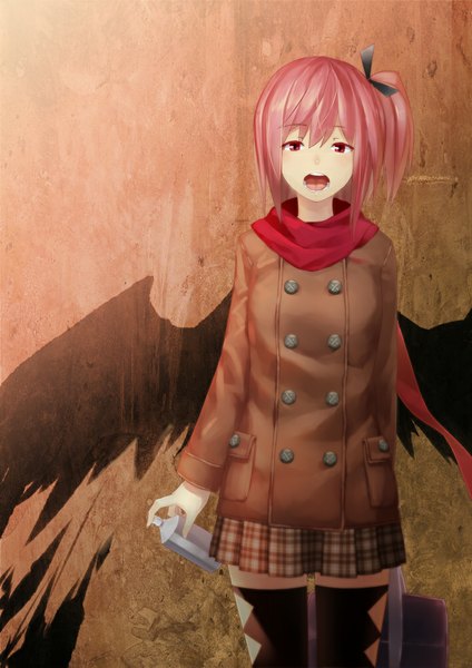 Anime picture 706x1000 with original ac (eshi) single tall image looking at viewer short hair open mouth red eyes pink hair girl thighhighs skirt black thighhighs wings scarf coat