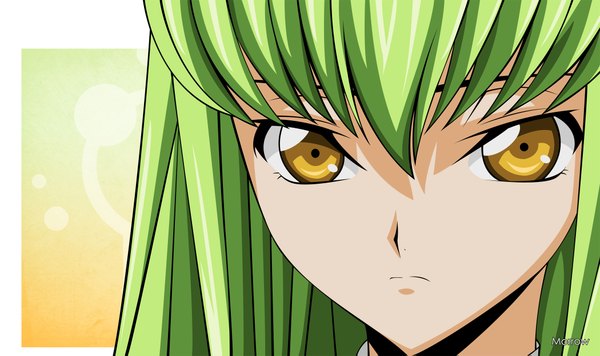Anime picture 2100x1247 with code geass sunrise (studio) c.c. morrow single long hair fringe highres simple background wide image signed yellow eyes green hair border close-up face vector girl
