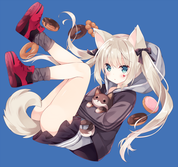 Anime picture 1200x1131 with original hoshi (snacherubi) single long hair looking at viewer blush fringe light erotic simple background blonde hair hair between eyes twintails animal ears payot silver hair full body ass tail animal tail aqua eyes