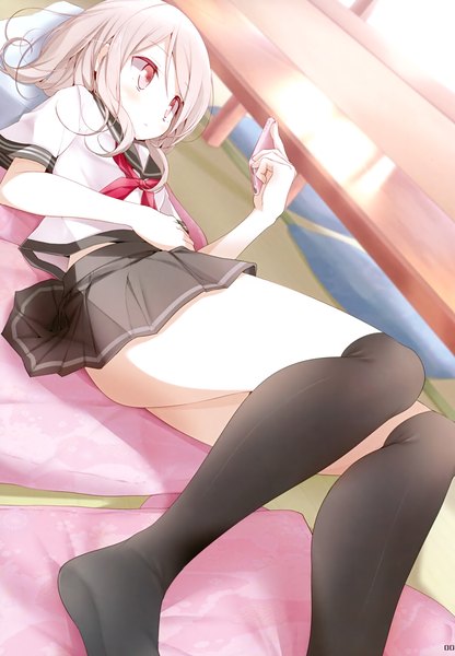 Anime picture 2428x3500 with original oouso (usotsukiya) tall image blush highres short hair light erotic blonde hair red eyes scan legs girl thighhighs skirt black thighhighs miniskirt serafuku phone