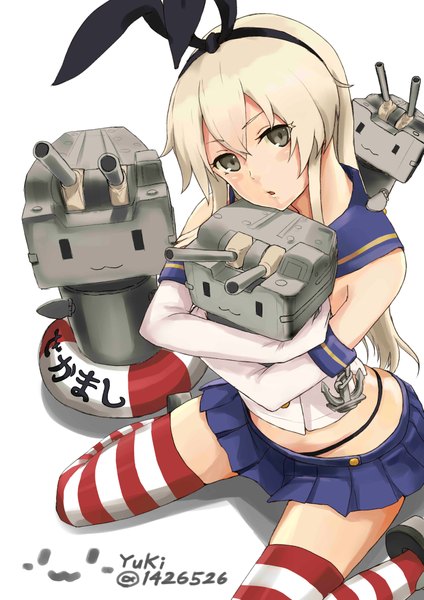 Anime picture 2893x4092 with kantai collection shimakaze destroyer rensouhou-chan yuki (sonma 1426) long hair tall image looking at viewer highres open mouth blonde hair white background sitting brown eyes pleated skirt wariza :3 girl thighhighs skirt gloves
