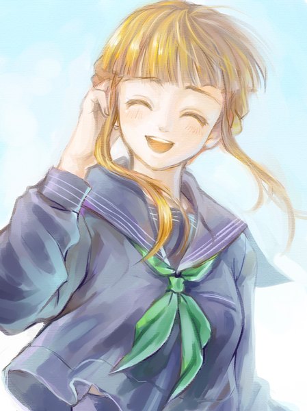 Anime picture 749x1000 with euphoria (clockup) manaka nemu bream-tan single long hair tall image blush fringe open mouth blonde hair smile payot sky cloud (clouds) upper body blunt bangs eyes closed :d wind teeth