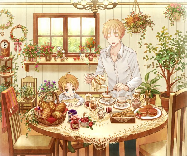 Anime picture 1000x833 with axis powers hetalia studio deen united kingdom (hetalia) america (hetalia) anko kinako blush short hair open mouth blue eyes blonde hair sitting ahoge eyes closed open collar boy flower (flowers) plant (plants) shirt tree (trees) food