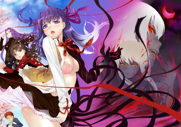 Anime picture 1280x899 with fate (series) fate/stay night type-moon artoria pendragon (all) toosaka rin saber alter matou sakura rider emiya shirou mikazuki akira long hair looking at viewer blush breasts open mouth light erotic red eyes brown hair twintails purple eyes