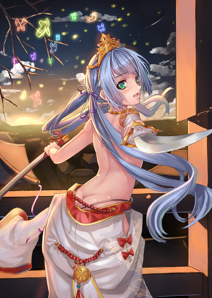 Anime picture 800x1120 with original musynexsk single long hair tall image blush open mouth light erotic green eyes blue hair looking back back girl dress hair ornament weapon sword katana insect butterfly