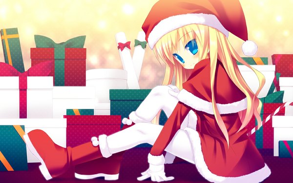 Anime picture 1000x625 with original meito (maze) single long hair looking at viewer blush blue eyes blonde hair wide image fur trim christmas girl bow boots fur gift santa claus hat santa claus costume mantle christmas present