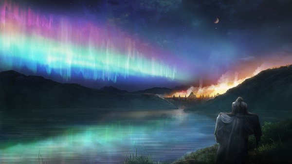 Anime picture 1920x1080 with original geshi single long hair highres blonde hair wide image standing sky cloud (clouds) outdoors from behind sparkle reflection horizon mountain landscape scenic fog lake