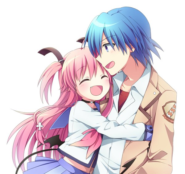 Anime picture 1000x944 with angel beats! key (studio) yui (angel beats!) hinata hideki soranagi long hair blush open mouth blue eyes simple background white background blue hair pink hair eyes closed profile teeth fang (fangs) two side up couple hug