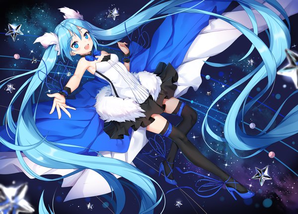 Anime picture 2952x2125 with 7th dragon 2020 vocaloid hatsune miku douya (233) single looking at viewer blush fringe highres open mouth hair between eyes twintails bare shoulders full body bent knee (knees) very long hair aqua eyes aqua hair high heels zettai ryouiki
