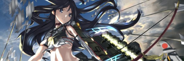 Anime picture 1200x400 with kantai collection katsuragi aircraft carrier tsuuhan single long hair looking at viewer blue eyes black hair smile wide image sky cloud (clouds) wind bare belly from below girl arrow (arrows)