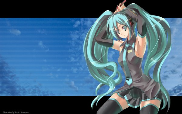 Anime picture 1920x1200 with vocaloid hatsune miku long hair highres blue eyes smile wide image twintails blue hair girl thighhighs necktie