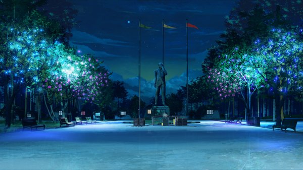 Anime picture 1920x1080 with everlasting summer iichan eroge ikari gendou arsenixc vvcephei highres wide image game cg night wallpaper no people scenic collaboration insect building (buildings) star (stars) bench fireflies statue