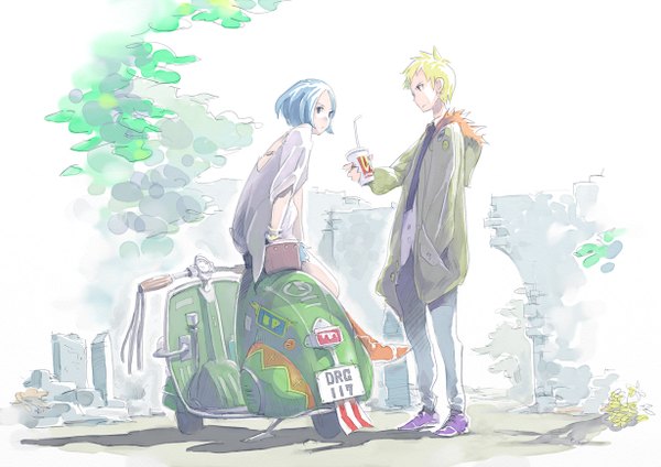Anime picture 1230x870 with original pomodorosa short hair blue eyes blonde hair sitting blue hair hand in pocket casual girl boy earrings bracelet pants motorcycle