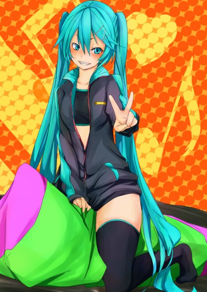 Anime picture 1240x1754 with vocaloid hatsune miku fu-ta single long hair tall image blush fringe twintails very long hair aqua eyes fingernails aqua hair alternate costume girl thighhighs hair ornament black thighhighs bobby pin musical note