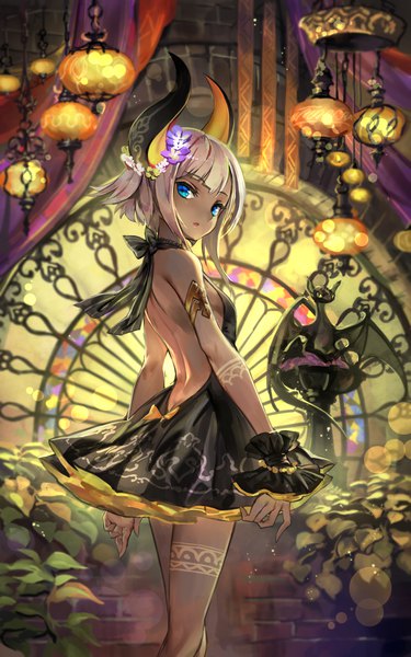 Anime picture 748x1198 with original yoshimo (yoshimo1516) single tall image looking at viewer fringe short hair breasts blue eyes silver hair blunt bangs parted lips looking back hair flower horn (horns) :o tattoo bare back fantasy brick wall