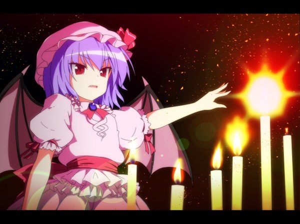 Anime picture 1300x973 with touhou remilia scarlet tanpinsansyoku (artist) short hair red eyes purple hair loli demon wings girl dress wings bonnet candle (candles)