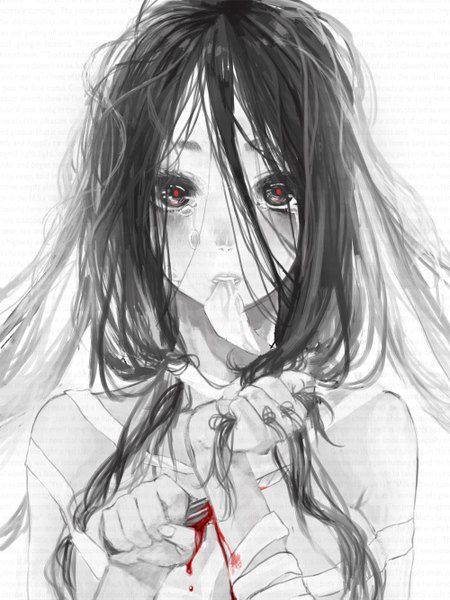 Anime picture 1000x1333 with original hantsuki (artist) single long hair tall image looking at viewer black hair simple background white background tears monochrome crying injury gothic spot color suicide girl blood bandage (bandages) knife