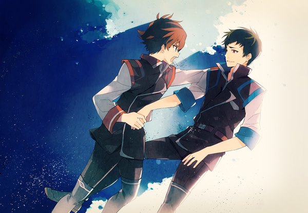 Anime picture 1000x692 with kakumeiki valvrave sunrise (studio) tokishima haruto inuzuka kyuuma takerusilt short hair blue eyes black hair smile red eyes brown hair profile multiple boys holding hands falling hand on another's shoulder military screaming boy uniform