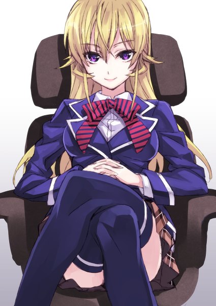 Anime picture 850x1200 with shokugeki no soma j.c. staff nakiri erina matsuryuu single long hair tall image looking at viewer blonde hair simple background sitting purple eyes crossed legs gradient background plaid skirt girl thighhighs skirt uniform school uniform