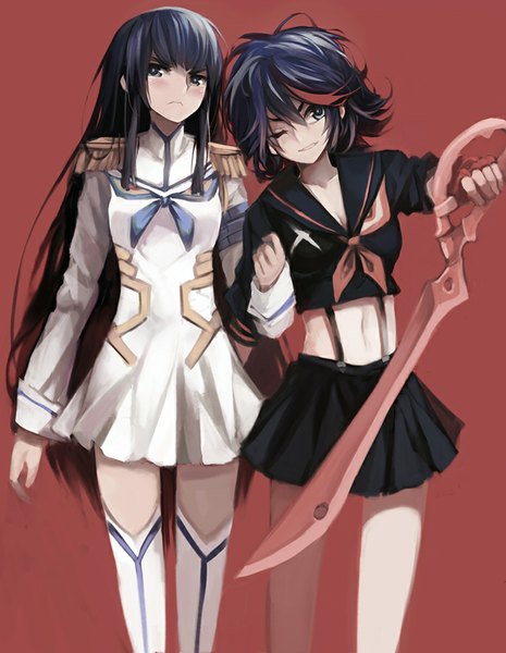 Anime picture 775x1000 with kill la kill studio trigger matoi ryuuko kiryuuin satsuki zen33n long hair tall image looking at viewer blush short hair blue eyes black hair simple background multiple girls red hair one eye closed multicolored hair wink two-tone hair bare belly