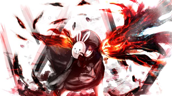 Anime picture 1920x1080 with tokyo ghoul studio pierrot kirishima touka shishi (pixiv11931115) single looking at viewer fringe highres short hair simple background red eyes wide image standing holding parted lips from above wind hair over one eye inscription glowing