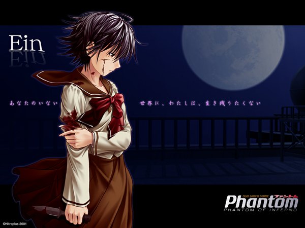 Anime picture 1024x768 with phantom of inferno nitroplus ein (phantom) short hair black hair profile night wallpaper copyright name character names looking down dark background blood on face bloody clothes injury bloody weapon girl uniform school uniform moon