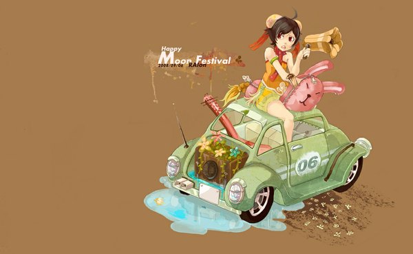 Anime picture 1117x687 with original raionart single short hair open mouth black hair simple background red eyes wide image looking away girl ground vehicle clothes car