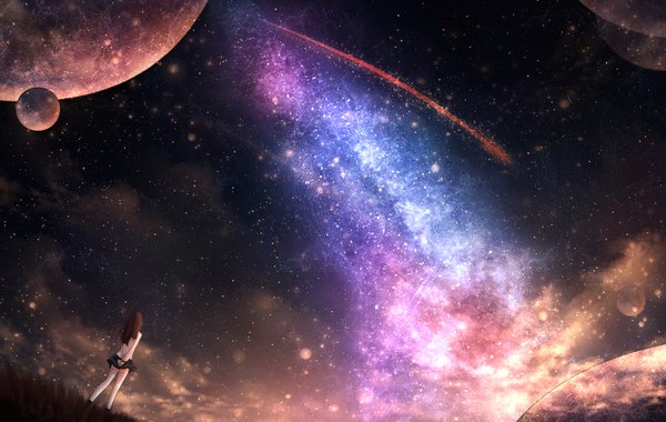 Anime picture 1403x889 with original czy single long hair brown hair standing from behind night dutch angle night sky hands behind back hands clasped space shooting star milky way girl thighhighs skirt plant (plants) white thighhighs