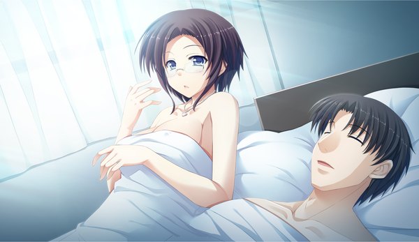 Anime picture 2660x1540 with atled everlasting song highres short hair blue eyes black hair wide image game cg lying sleeping girl boy glasses