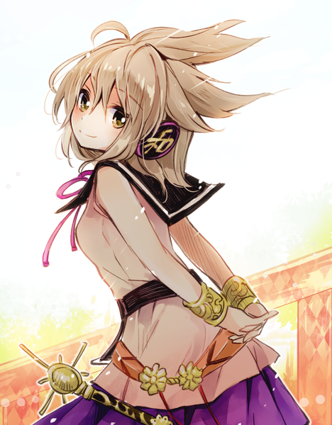 Anime picture 625x800 with touhou toyosatomimi no miko makuwauri single tall image looking at viewer blush short hair smile brown hair white background yellow eyes looking back hands behind back girl bracelet headphones jewelry