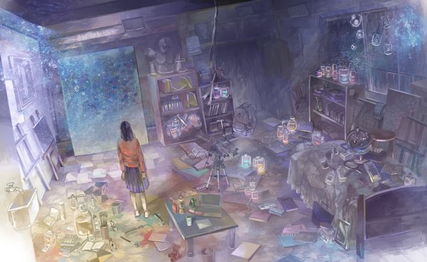 Anime picture 4175x2571 with original masaki (smoothiepool) single highres short hair wide image standing absurdres purple hair barefoot from behind back girl skirt water book (books) sweater bag toy chair