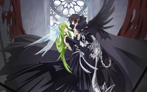 Anime picture 2560x1600 with code geass sunrise (studio) c.c. lelouch lamperouge solwyvern zuowen long hair highres black hair wide image yellow eyes green hair wallpaper couple vector third-party edit gothic jpeg artifacts detexted girl
