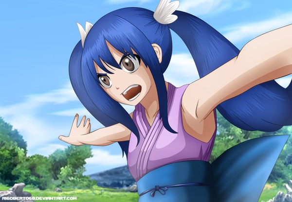 Anime picture 1556x1079 with fairy tail wendy marvell rigoberto60 single long hair open mouth brown eyes blue hair sky cloud (clouds) braid (braids) armpit (armpits) twin braids coloring girl plant (plants) tree (trees) stone (stones)