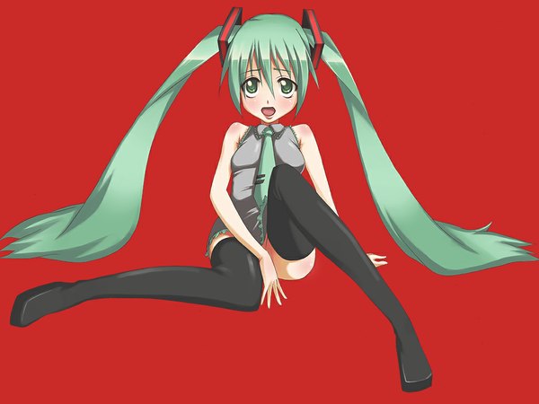 Anime picture 1024x768 with vocaloid hatsune miku tsurugi (artist) light erotic simple background red background girl thighhighs