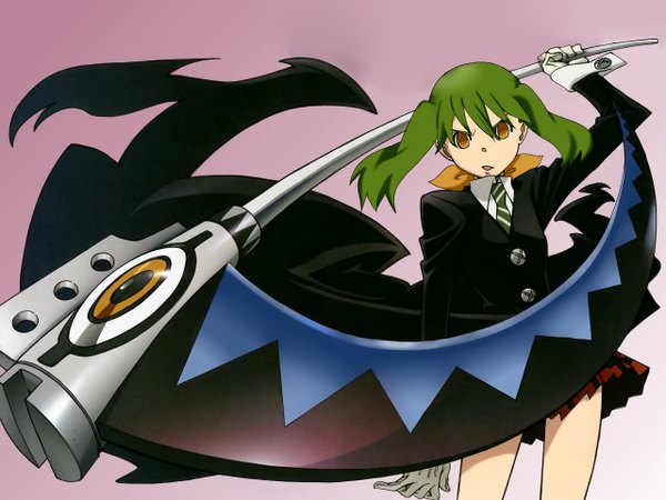 Anime picture 1280x960 with macross macross frontier soul eater studio bones ranka lee single short hair open mouth simple background yellow eyes pleated skirt green hair wallpaper pink background cosplay girl gloves scythe