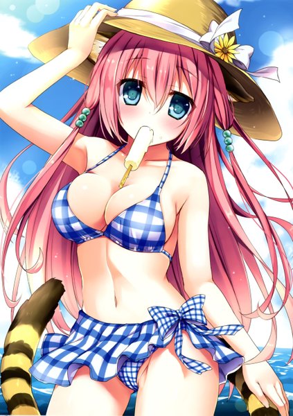 Anime picture 3902x5539 with original bankoku ayuya single long hair tall image highres breasts blue eyes light erotic holding animal ears pink hair absurdres sky cloud (clouds) tail animal tail beach mouth hold tiger ears