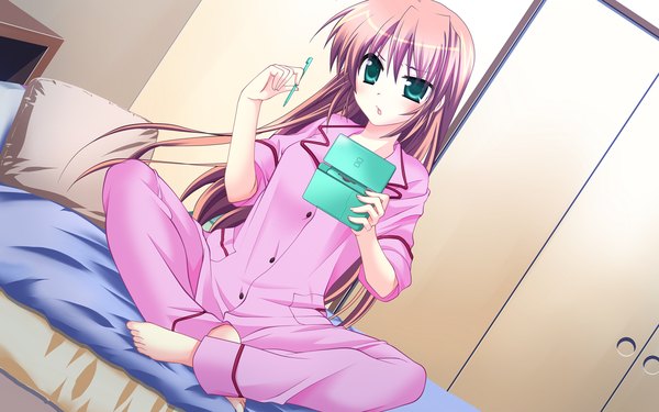 Anime picture 1280x800 with flag heshiori otoko aizawa mahiru komo da long hair wide image green eyes pink hair game cg girl pajamas