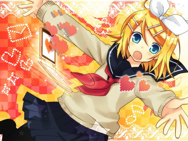 Anime picture 1200x900 with vocaloid kagamine rin tamura hiro single looking at viewer blush short hair blue eyes blonde hair spread arms checkered checkered background girl bow hair bow serafuku heart sweater mobile phone