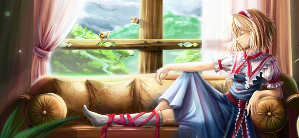 Anime picture 1904x884 with touhou alice margatroid single highres short hair blonde hair wide image eyes closed girl dress ribbon (ribbons) animal frills window bird (birds) couch