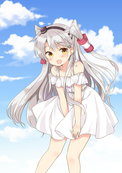 Anime picture 1254x1771 with kantai collection amatsukaze destroyer yoshikita popuri single long hair tall image looking at viewer blush fringe open mouth smile yellow eyes sky cloud (clouds) outdoors leaning two side up alternate costume leaning forward hand on knee