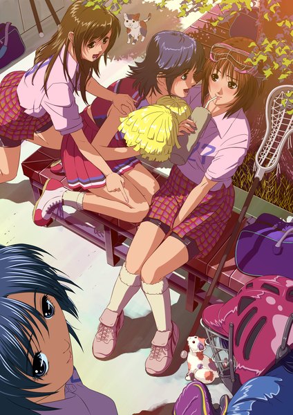 Anime picture 1653x2339 with adachi manabu long hair tall image short hair blue eyes black hair brown hair multiple girls brown eyes black eyes group cheerleader girl uniform animal cat 4 girls gym uniform