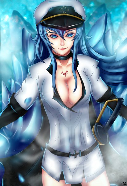 Anime picture 900x1308 with akame ga kill! white fox esdeath vince single long hair tall image looking at viewer breasts blue eyes smile large breasts blue hair cleavage spread arms girl uniform weapon hat sword