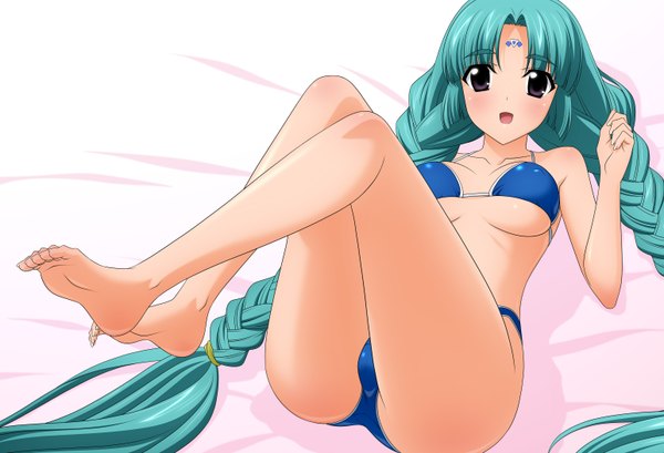 Anime picture 3088x2108 with lost universe canal volphied wave ride single looking at viewer blush highres breasts open mouth light erotic twintails absurdres braid (braids) very long hair black eyes aqua hair girl swimsuit bikini